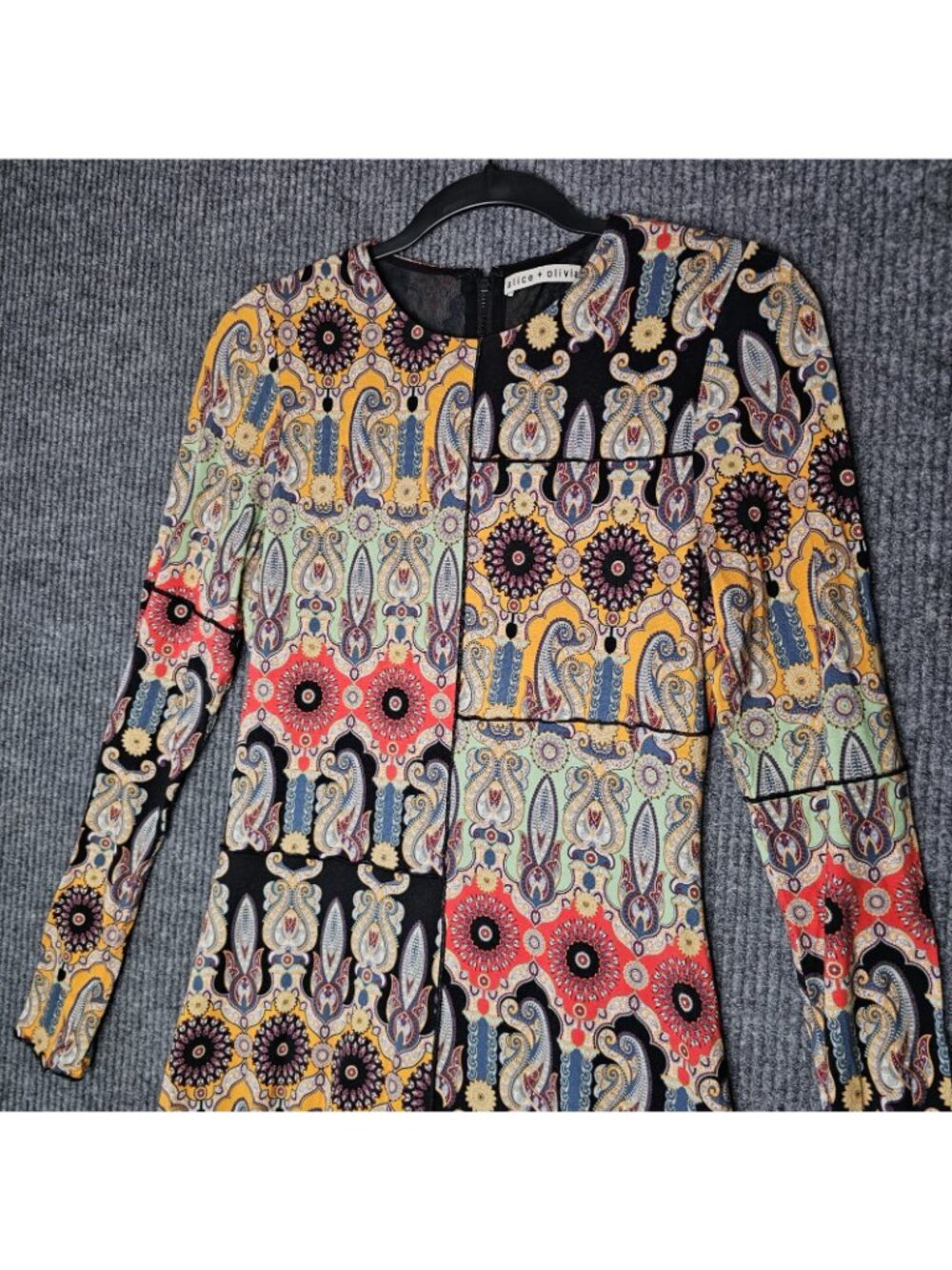 ALICE + OLIVIA sz 8 Delora Paneled Flare Mini Dress Patchwork boho tribal - Picture 3 of 8